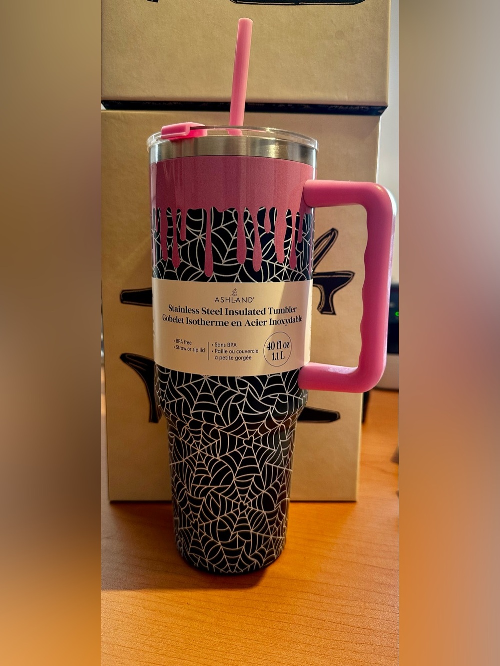 Ashland  Insulated Stainless Steel Tumbler Pink Drip with Black & White Webs